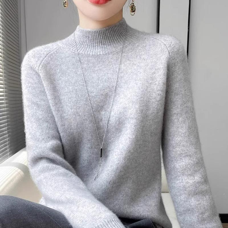Women's Round Neck Double-Ply Pure Wool Sweater - Thickened Plus Size Solid Color Cashmere Knit Pullover