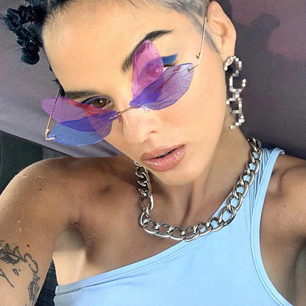 Trendy Rimless Sunglasses Vintage Dragonfly Wings Unisex Fashion UV Protection