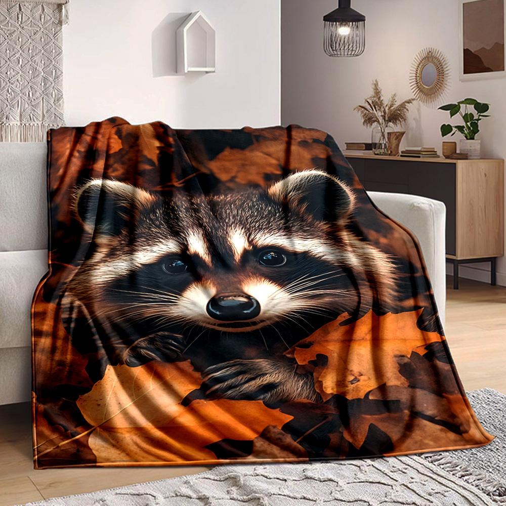 

1PC Raccoon, Autumn Leaves Blanket - Soft Warm All-Season Throw for Sofa, Bed, Car, Office, Throw For Sofa yy250916083 75x90cm
