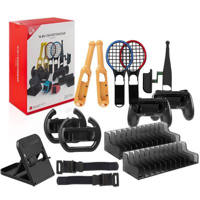 Switch Accessories Bundle, 14 In 1 Switch Accessories Kit Include Stand + Grip + Steering Wheel + Tennis Racket + Stick + Wrist Strap + Saucer Rack
