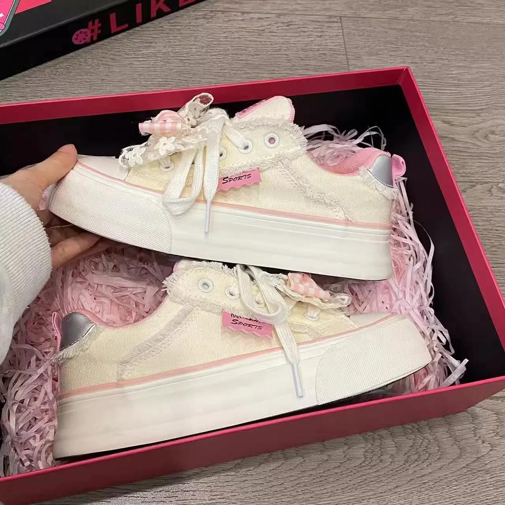 Candy Pink Canvas Shoes for Women Spring Autumn New Designer Causal Lace Bow Platform Women's Vulcanize Shoes