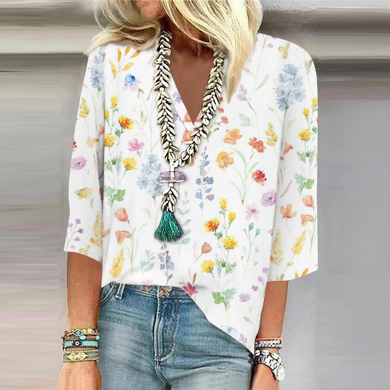 

Женская рубашка, блузка, повседневные свободные рубашки, рукава 3/4, топы с v-образным вырезом и принтом, топы с принтом, футболки, футболки S жёлтый