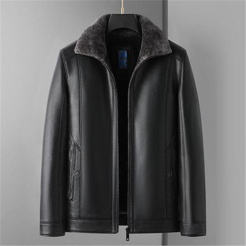 New fur integrated men's leather jacket lapel thickened and thickened large size leather jacket casual dad leather jacket