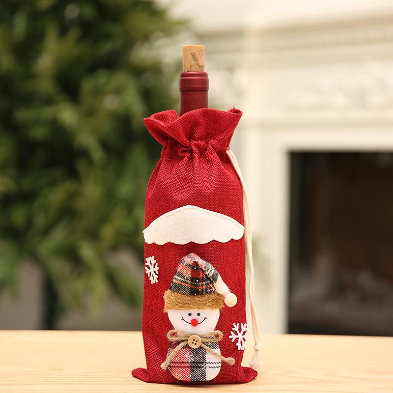 Christmas Wine Bottle Cover - Burlap Gift Bag with Santa & Snowman Design
