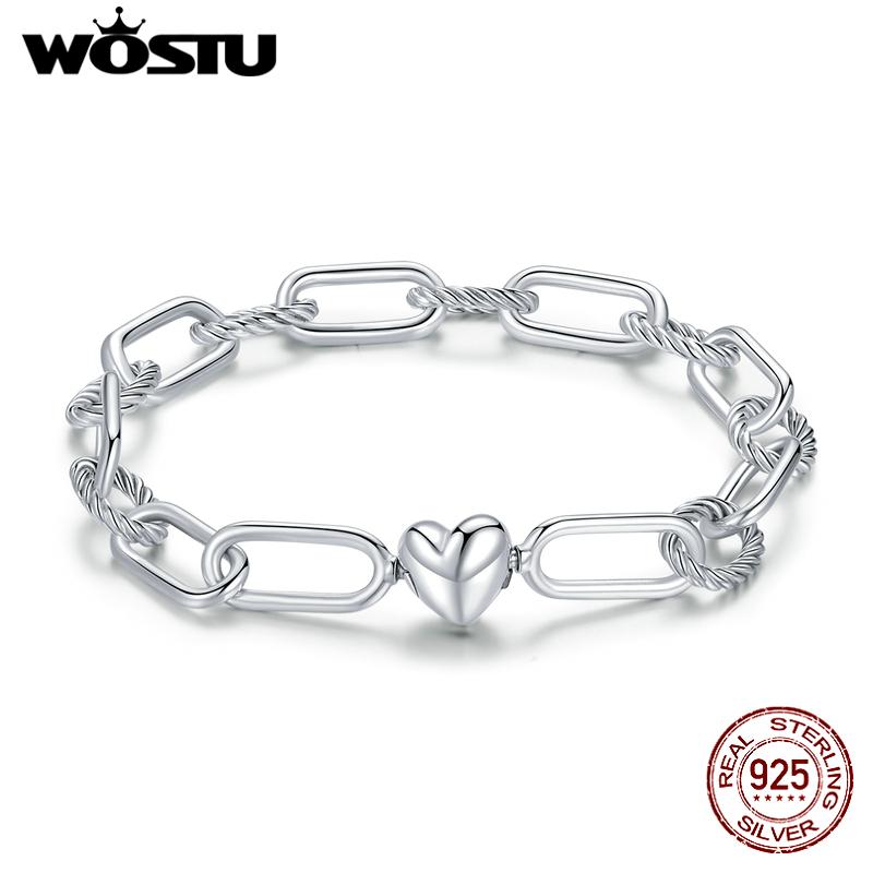 

WOSTU Silver Paper Clip Bracelet 925 Silver Heart Love Chain Bracelets for Women Engagement Jewelry Gift CQB202 17CM