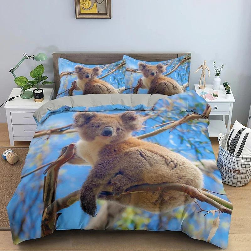 Cartoon Koala Duvet Cover King Queen Lovely Animal Bedding Set for Kids Teens Adults Wildlife Quilt Cover with Pillowcase