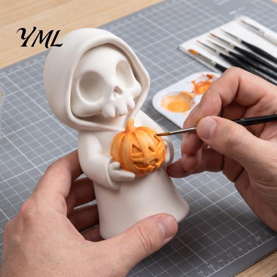 Grim Reaper Pumpkin Figurine 3D Printed Holding Pumpkin, Blank DIY Collectibles for Halloween Paintable Statue, Cute Desktop Shelf Holiday Decor Party