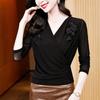 Women Fashion Black Lace Cross V Neck Mesh T Shirt Autumn Inner Base Top New