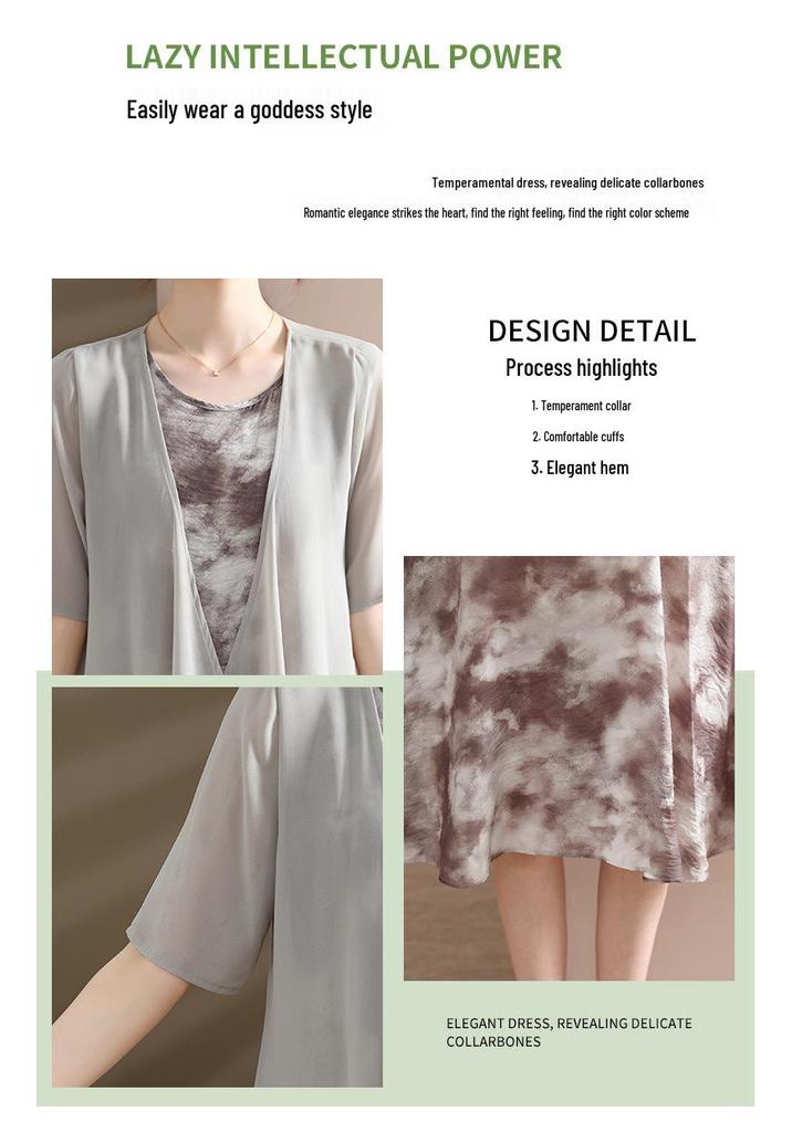 Elegant Chiffon Summer Dress Set for Mature and Elderly Women - Stylish Two-Piece Skirt Ensemble