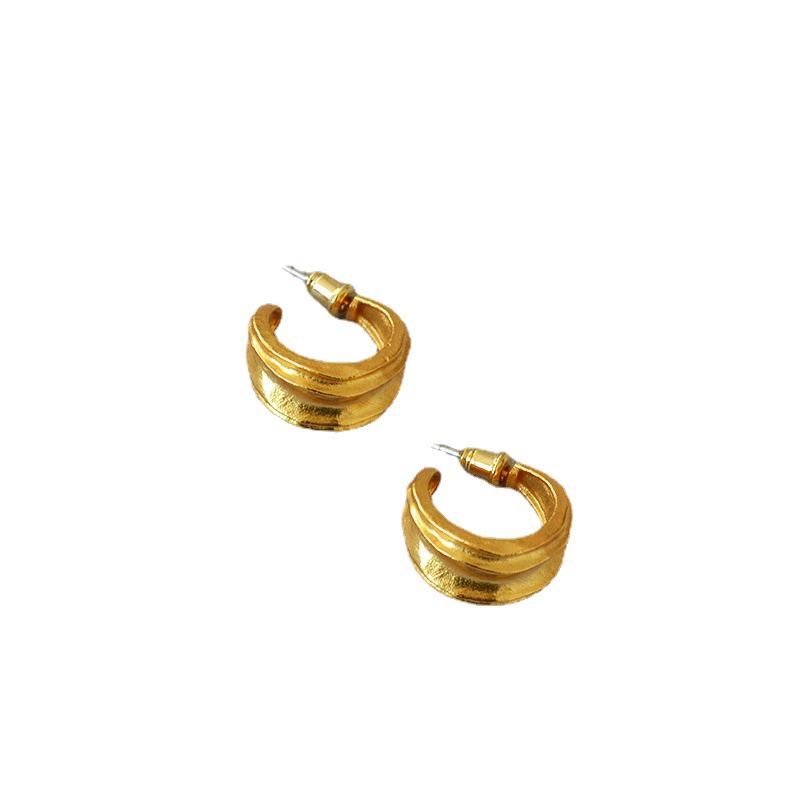 French Retro Gold-Plated Brass Earrings with Irregular Sandstone Particles and 925 Silver Needle.
