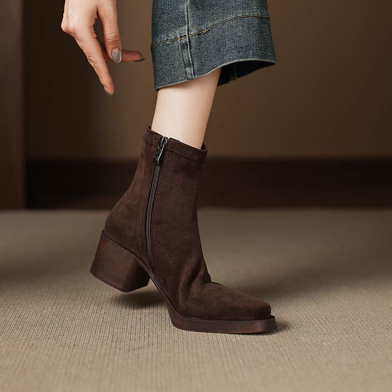 Krazing Pot Flock Round Toe Thick High Heels Chelsea Boots Zip Women Concise Style Ankle Boots