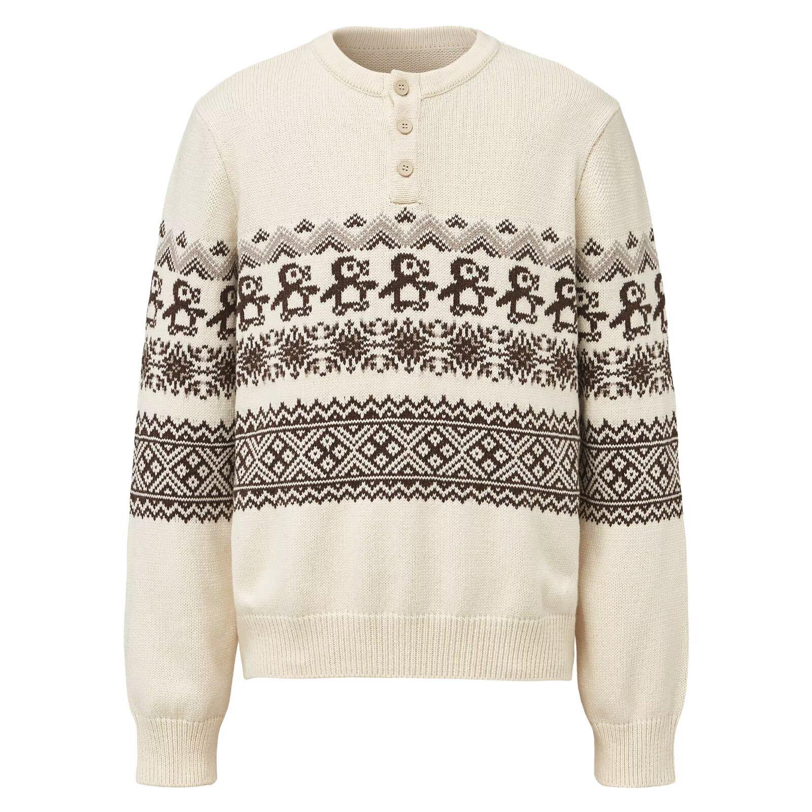 Unisex Retro Jacquard Knit Christmas Penguin Fair Isle Sweater with Henley Collar M