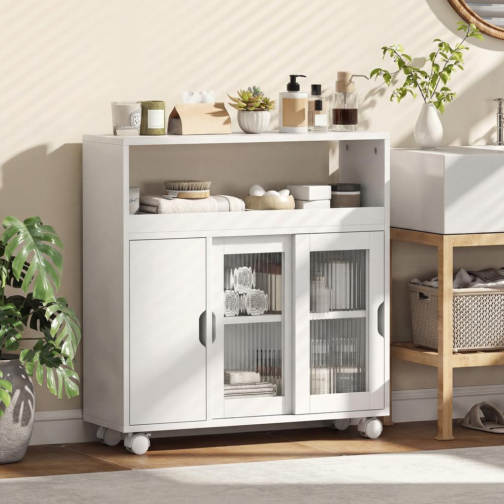 Bathroom Cabinet on Casters, Tempered Glass Doors, Open Compartment, 71 x 20 x 70 cm, White