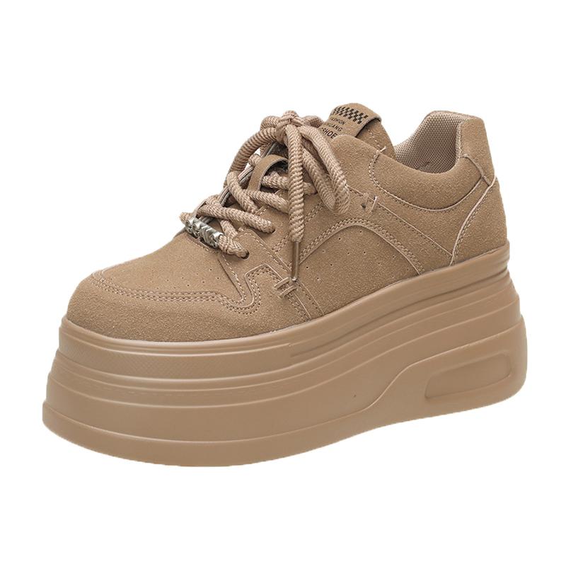 Mote 8CM Dame Lær Sneakers Høst Vår Brun Fritidssko Chunky Sneakers Høy Plattform Sport Skateboard Sko Kvinne