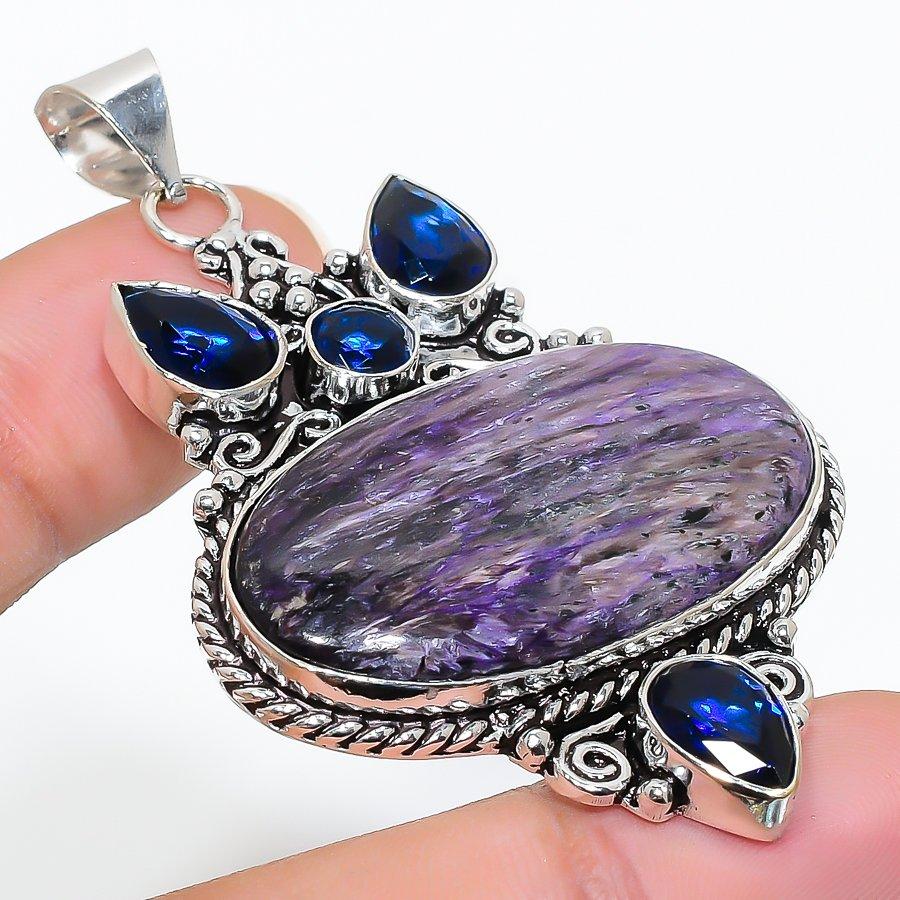 

Russian Charoite, Blue Topaz Gemstone Handmade Jewelry Pendant 2.56 SR-10849