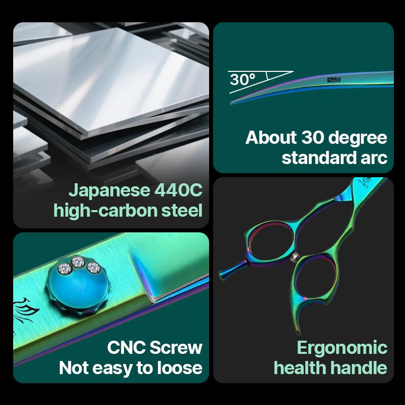 Fenice High-grade 7.0/7.5 inch JP440C Fluorescent Green Pet Grooming Scissors Shears Cutting&Curved&Thinner Set for Dog Groomer