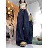 Dark Blue High-Waisted Flared Wide-Leg Jeans for Women - Retro Loose Straight Leg with Slimming Plus Velvet Draping for Spring and Autumn