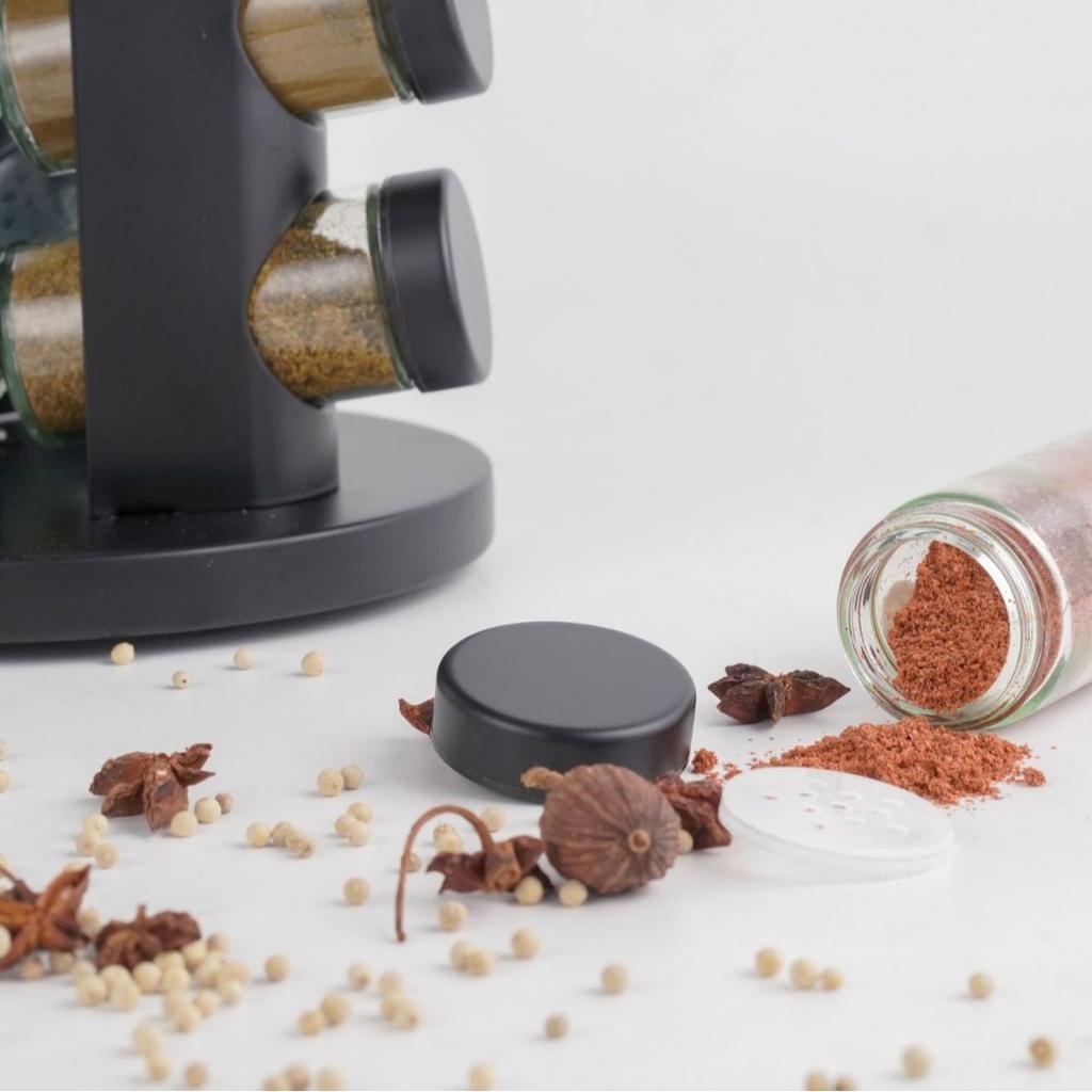 Glass Seasoning Holder Storage Home Spice Rack 360° Rotating Spice Glass Bottle Set Includes 9 Glass Jars