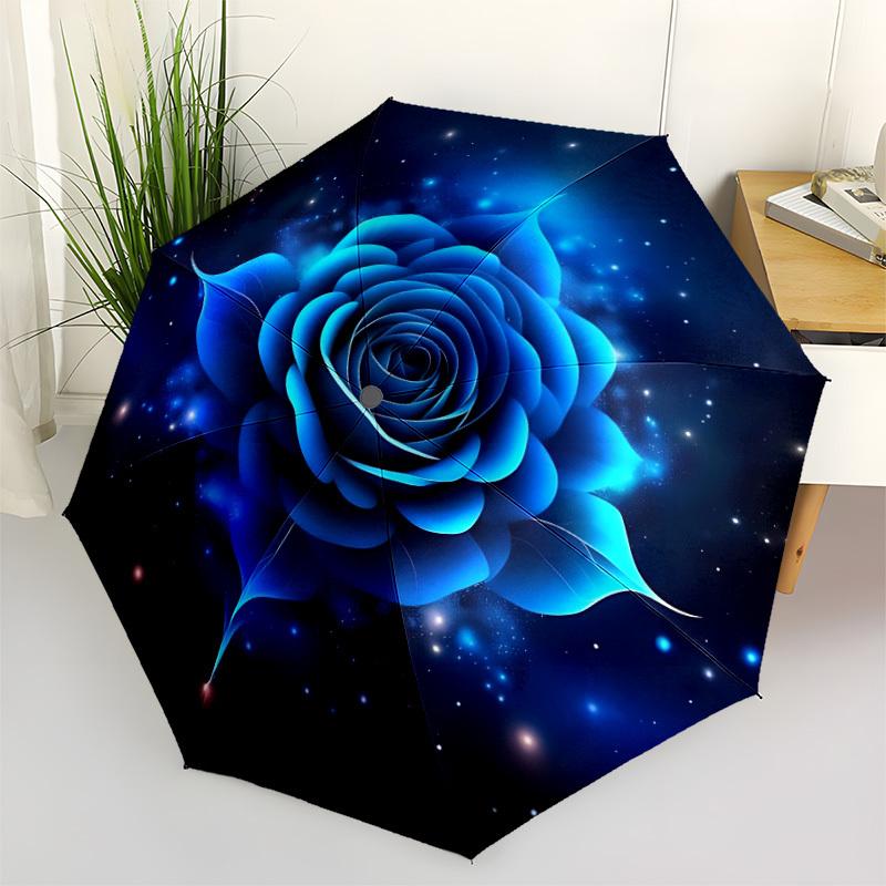 1pc Blue Rose Print Automatic Folding Umbrella - 8-Rib Durable Iron Frame, Compact Portable for Daily Travel yy251205047