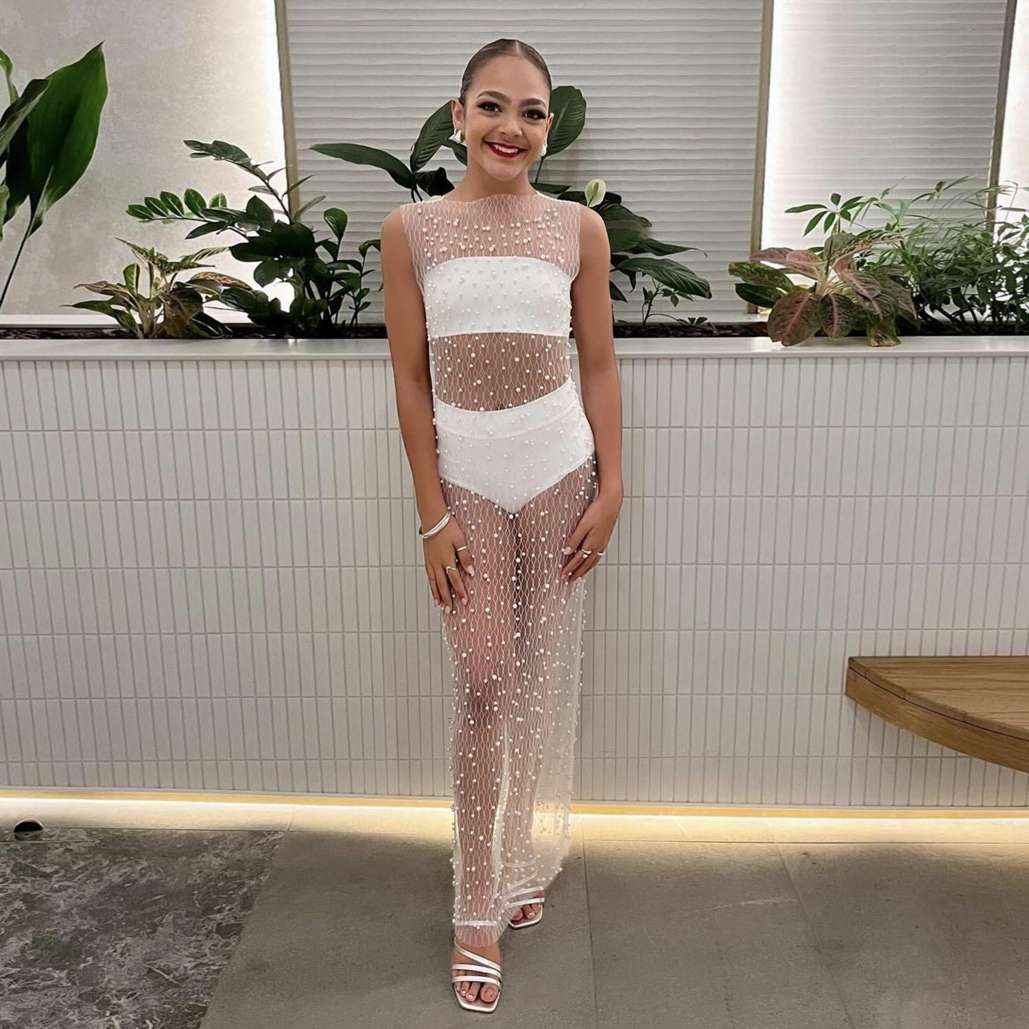 

Женские сетчатые прозрачные сексуальные длинные платья со сборками S белый