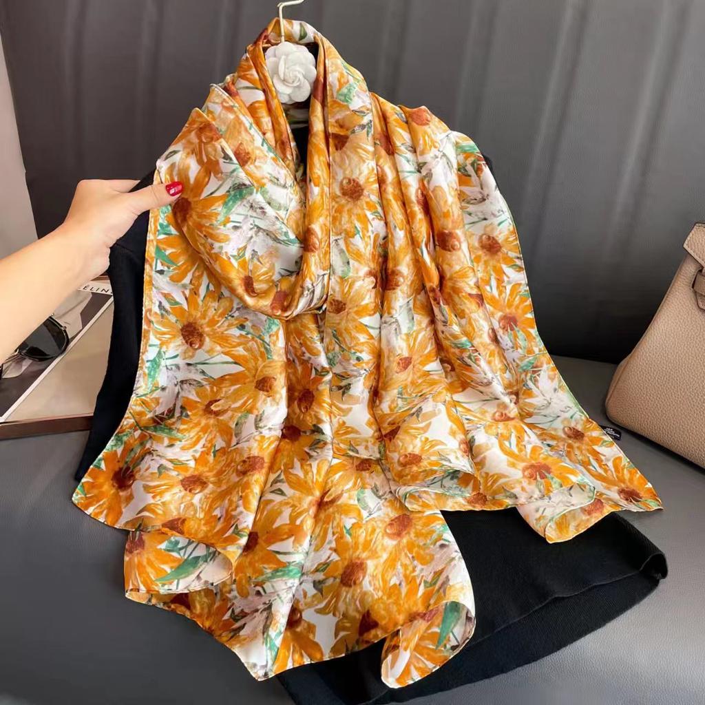 Silk scarf female spring and autumn fashion printing simulation silk temperament sarong thin section shawl scarf