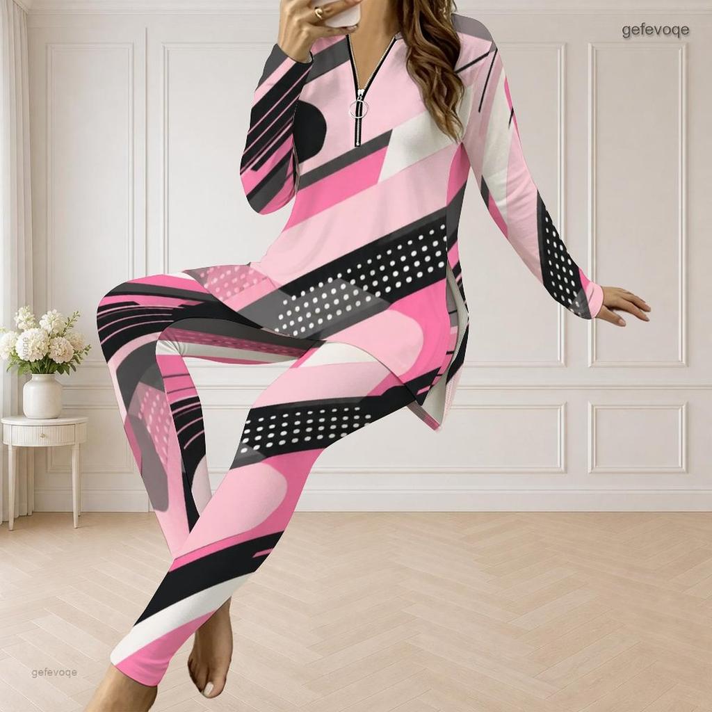 Women Plus Size Geometric Printed Half Zip Long Sleeve Longline Top Fitted Pants Two Piece Set