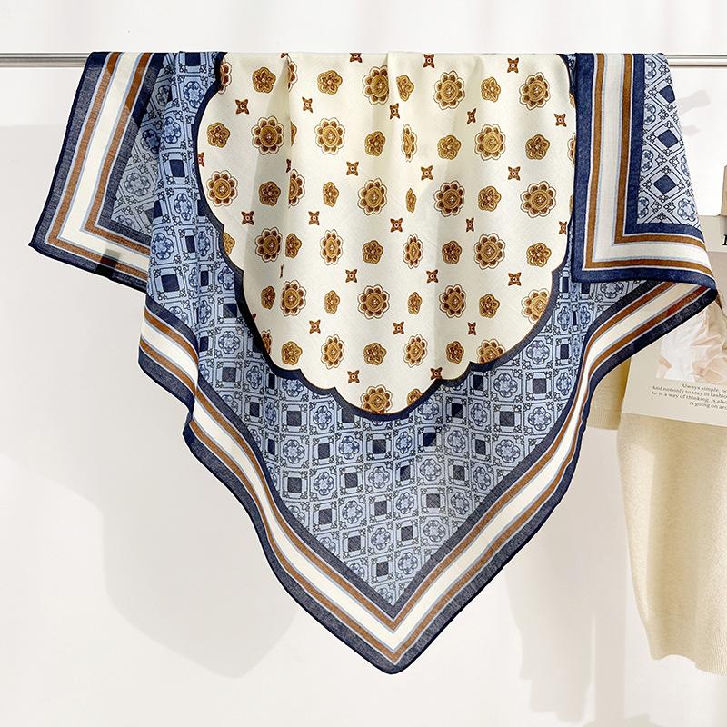 Spring and Summer Fashionable and Fashionable Women's Geometric Floral Printed Silk Scarf for Women's High-end Temperament Herringbone Square Scarf