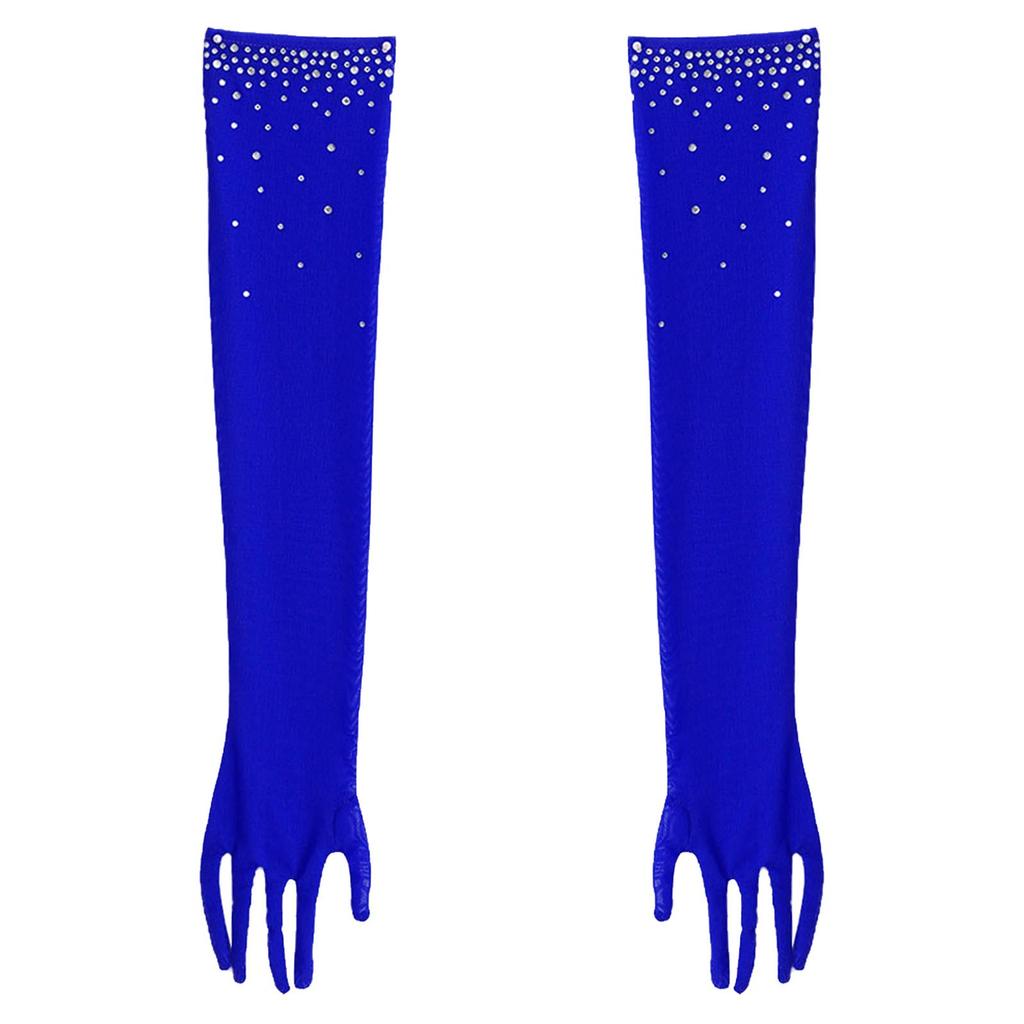 Girls Five Finger Mesh Gloves Glittery Rhinestones Design Full Length Latin Dance Performance Accessories