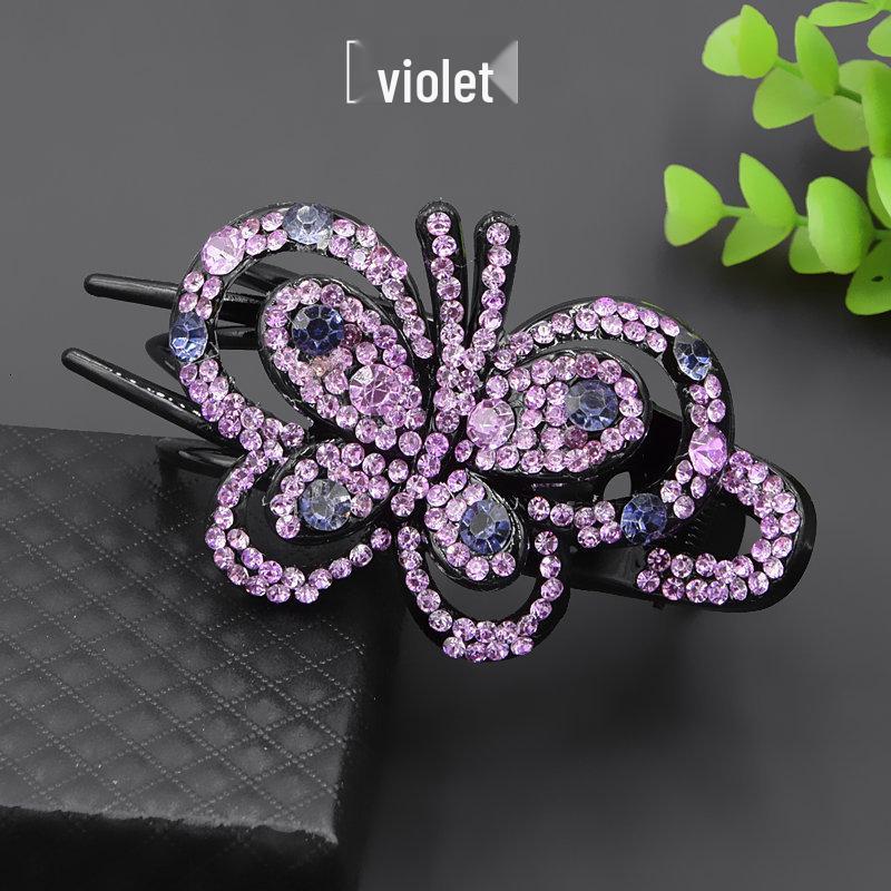 Korean Rhinestone Butterfly Hair Bun Clip - Women's Three-Pronged Duckbill Hair Accessory