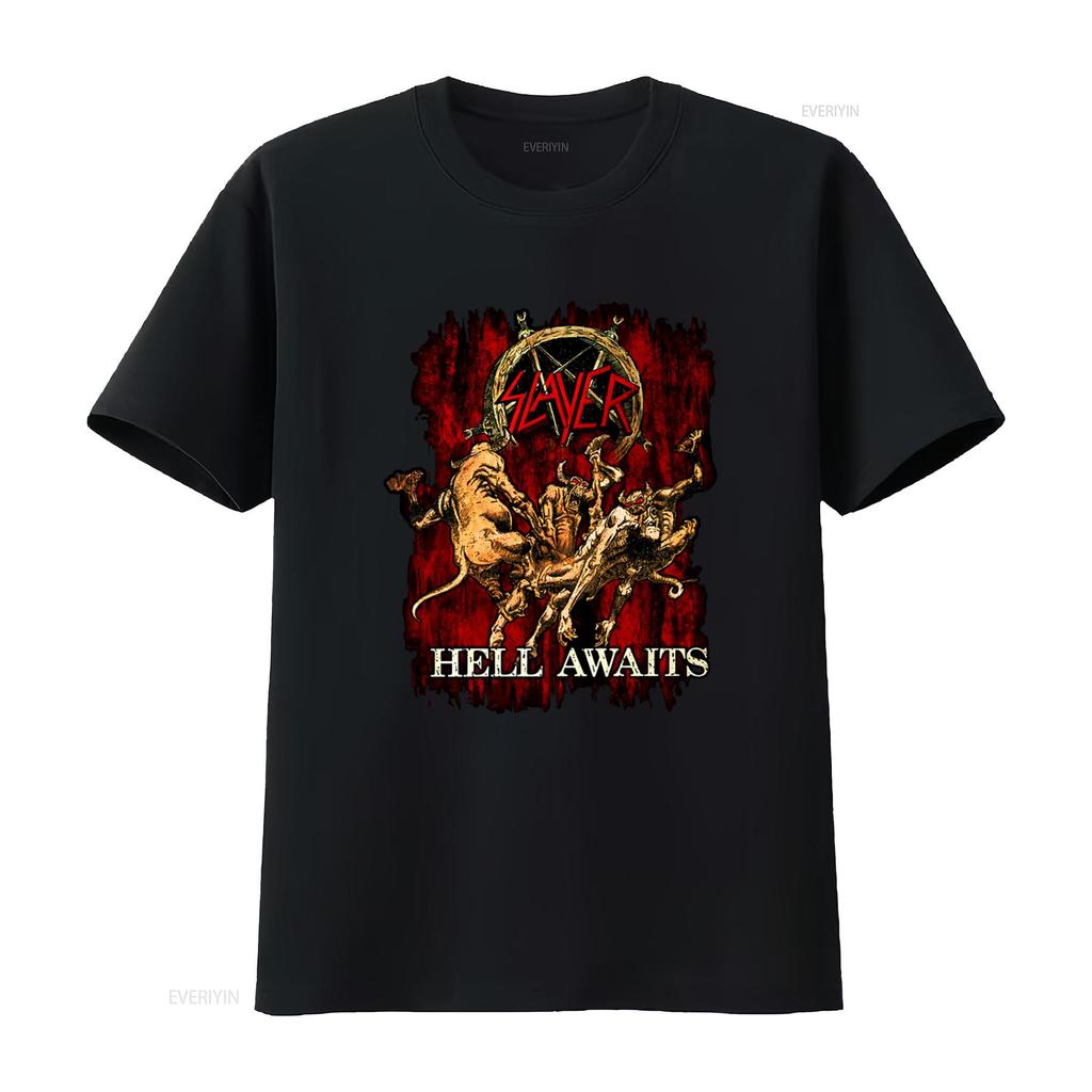 SLAYER Hell Awaits T Shirt Heavy Metal Band Design for Rock Fans Vintage Washed Designer Clothes Slightly Streetwear Homme