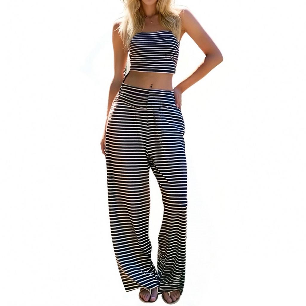 Damenmode Lässig Sommer Gestreiftes Schlauchtop Weites Gerades Hosen Set