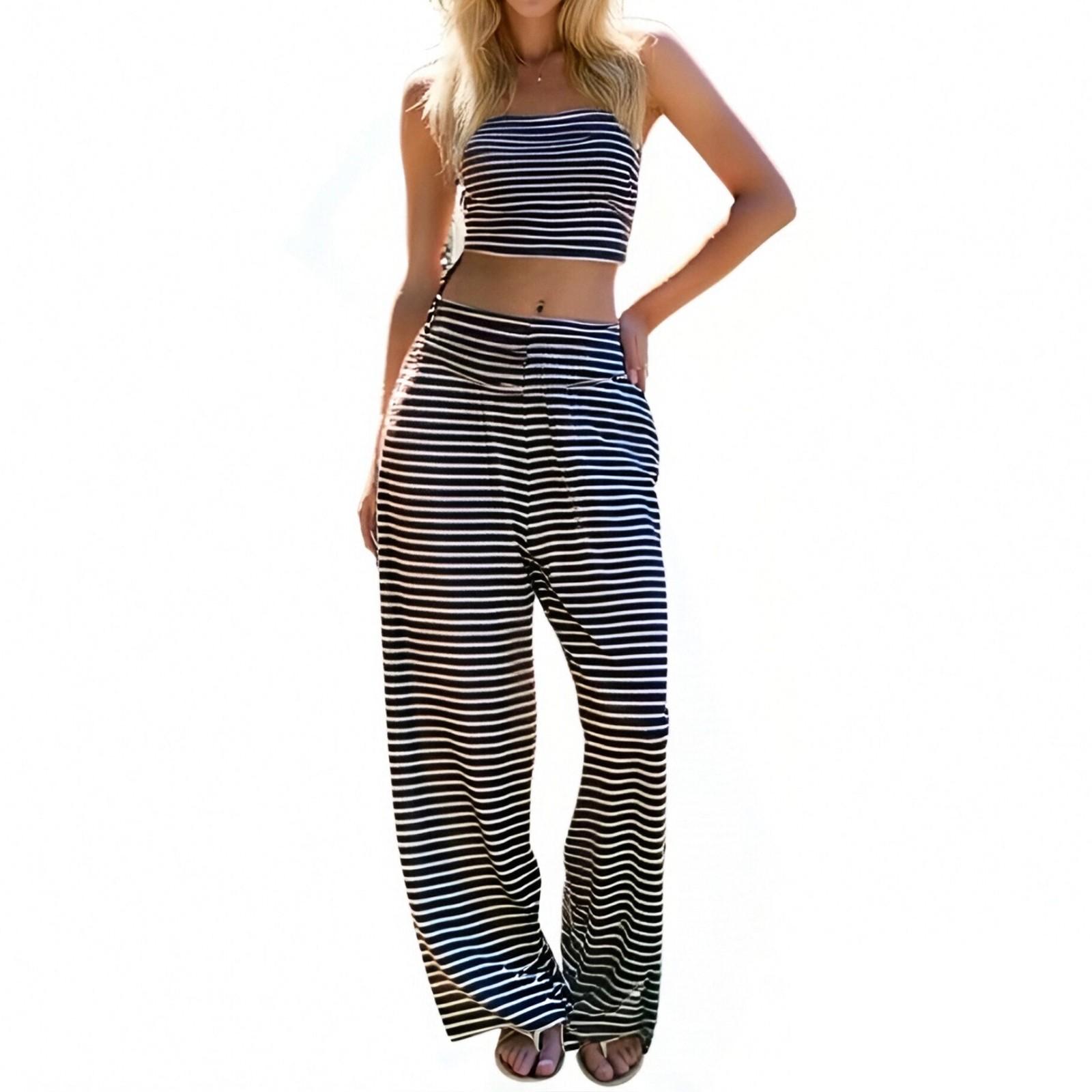

Женский модный повседневный летний комплект из полосатого топа-трубы и свободных прямых брюк XL чёрный