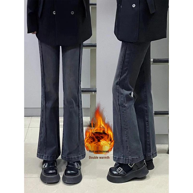 

Женские джинсы микро-клеш с высокой посадкой, черно-серые, больших размеров, на бархатной подкладке для осени-зимы, дизайн, закрывающий бедра 3XL