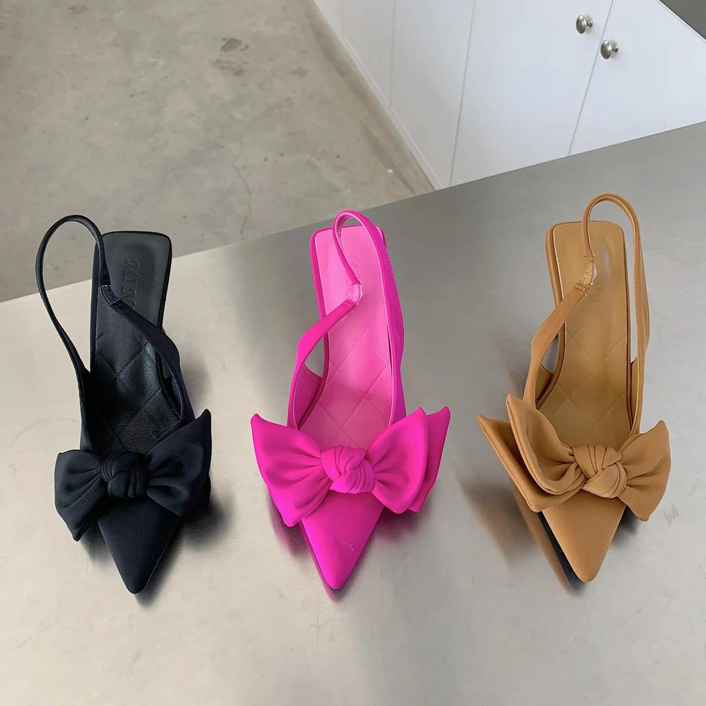 Summer  Women Slingback Sandals Heeled Shoes Fashion Bow-knot Pointed Toe Slip On Ladies Elegant Dress Pumps Shoes
