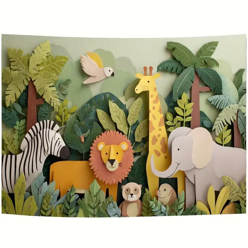 2D Kids Jungle Animals Backdrop, Paper Art Safari Photography Background