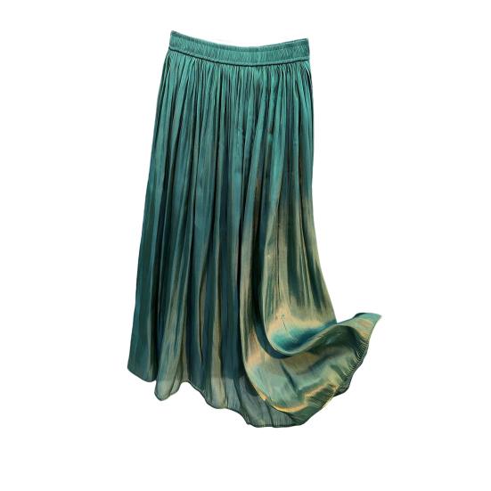 Women Maxi Skirt Elastic High Waist Pleated A-Line Swing Skirt Glossy Pearlescent Yarn Chiffon Pleated Skirt