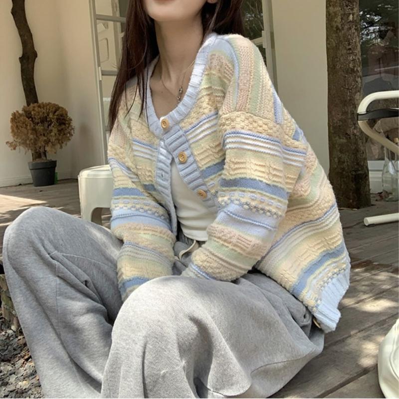 Damska luźna odzież wierzchnia w paski w stylu koreańskim Wszechstronny lekki sweter dzianinowy Kardigan Kurtka