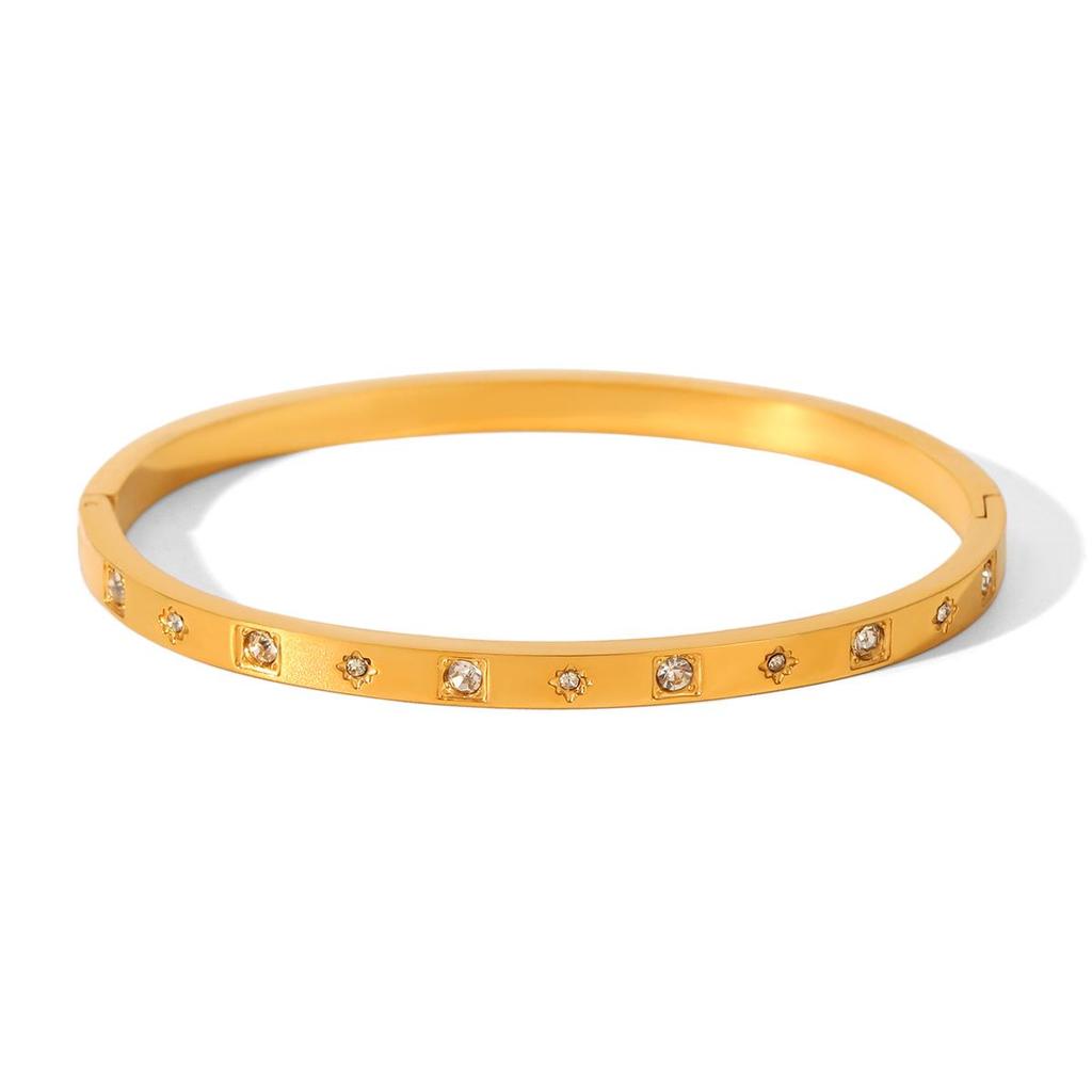18K Gold-Plated Diamond-Studded Stainless Steel Bangle – Light Luxury Zircon Autumn/Winter Bracelet for Women