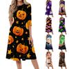 Women Halloween Print Casual Fashion Crew Neck Three Quarter Sleeve Midi Dress Comfortable Loose Fit Style