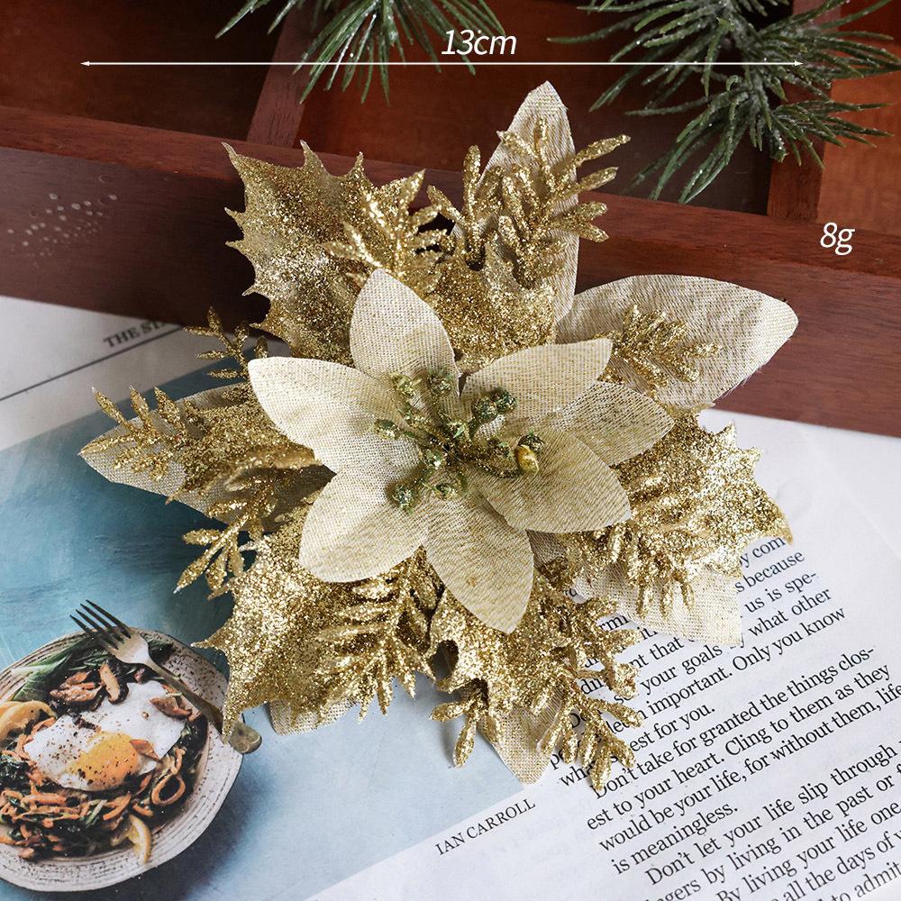 13cm Glitter Artifical Christmas Flowers Merry Christmas Tree Decoration Happy New Year Ornaments Xmas Fake Flowers Gifts