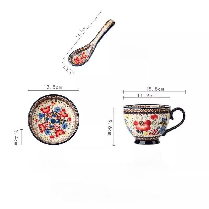 Handpainted Ceramic Soup Bowl with Snack Serving Tray,Vintage Floral Embossed Design Microwave Safe,Large Handle and Thick Base,Perfect for Cereal,Nut