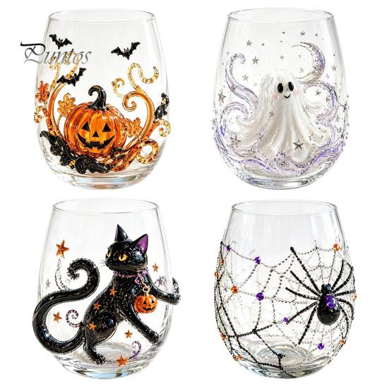 Cute Ghost Pumpkin Spider Web Glasses Halloween 3D Embossed Glass, Painted Tumbler, Durable Cold Drink Tumblers Lead-free Wine Beverage Cup for Party