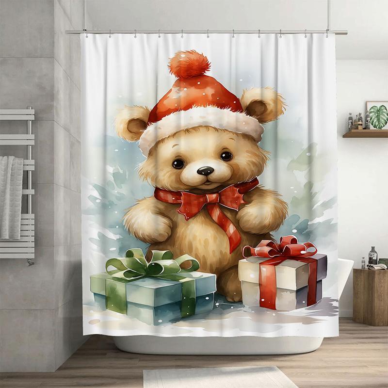 

Tuniu Festive Bear Christmas Bathroom Shower Curtain Cute Holiday Forest Animals Decor Set Waterproof Fabric Home Decor W60H190(CM)-1 Pcs