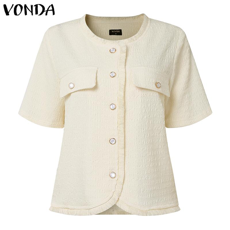 VONDA Elegant Women Short Sleeve Furry Hem Buttons Down Texture Casual Blouse