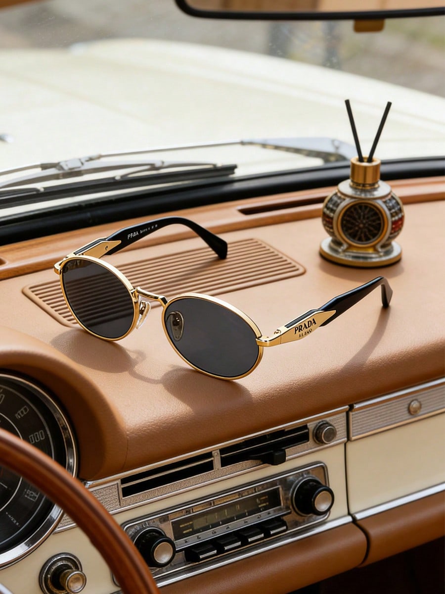 

Prada PR65ZS Gold Oval Sunglasses, UV400 Retro Luxury Shades
