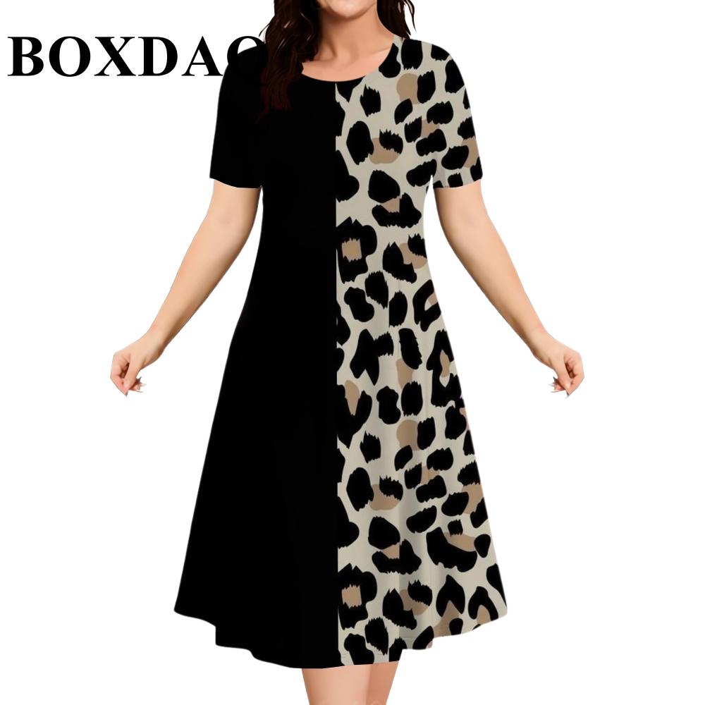 

Elegant Fashioin Leopard Print Short Sleeve Dresses For Women 2026 Summer Casual Loose O-Neck A-Line Dress Plus Size Clothes S