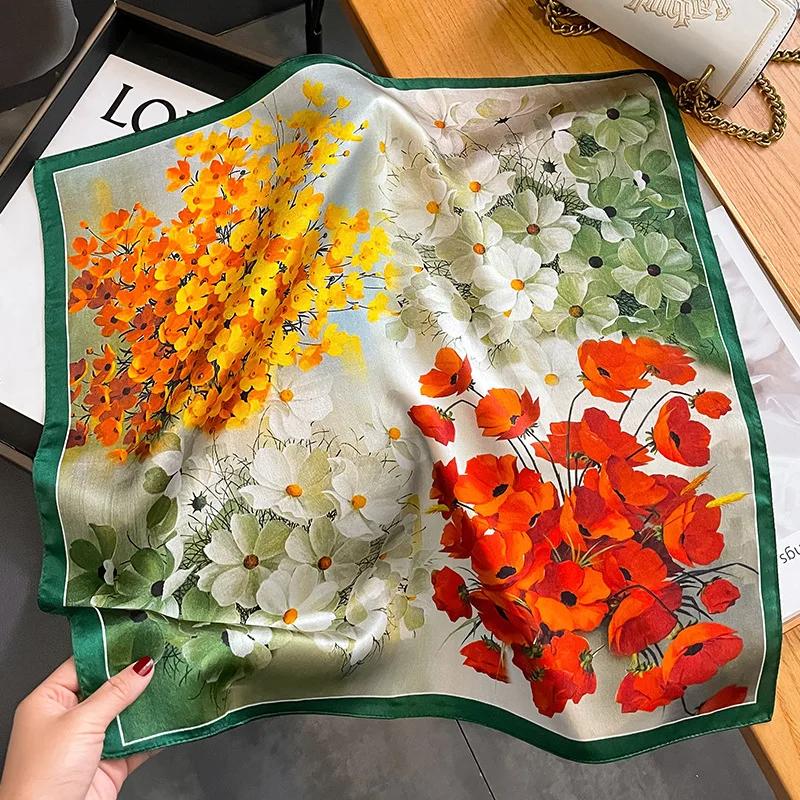 100% Real Silk Scarf Women Elegant Floral Print Foulard Neck Hairband Female Small Square Scarves Spring Kerchief Tie 2025 New