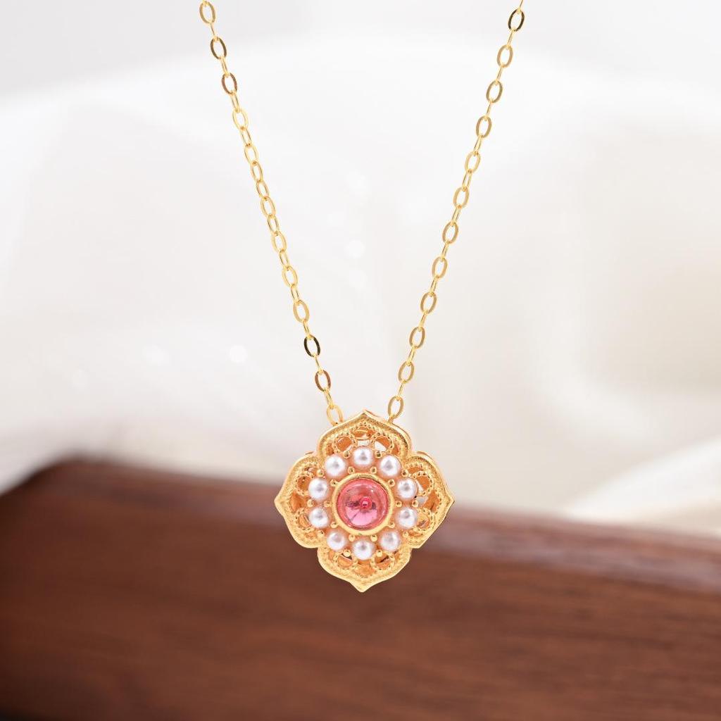 S925 Sterling Silver Chinese Butterfly Fu Necklace with Gem and Pearl Inlay