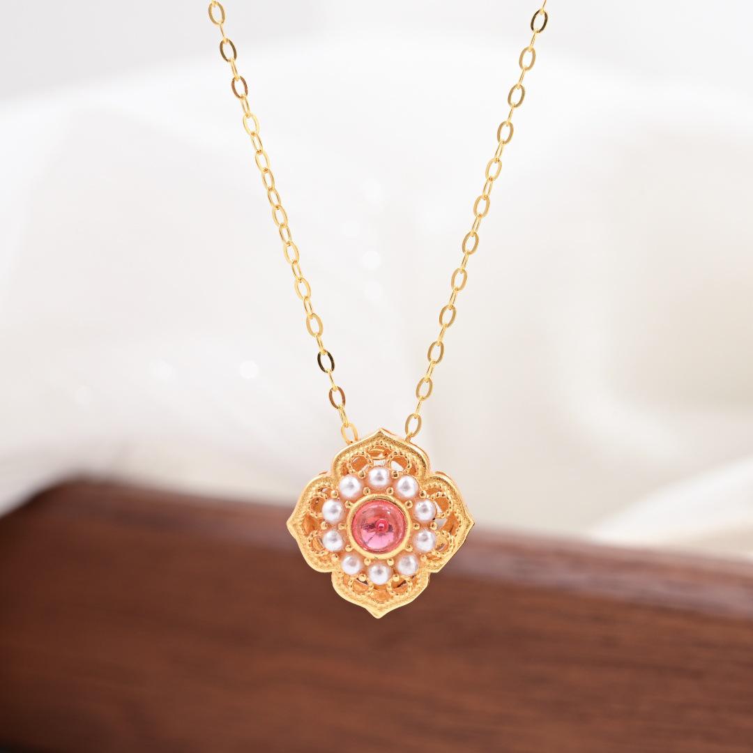 S925 Sterling Silver Chinese Butterfly Fu Necklace with Gem and Pearl Inlay S925 Silver