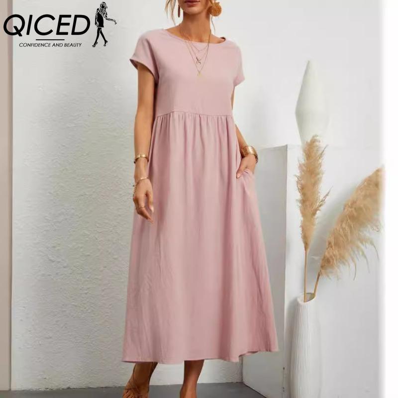 QICED Women's Fashion Summer Spring Solid Color Print O-Neck High Waist Casual Dresses